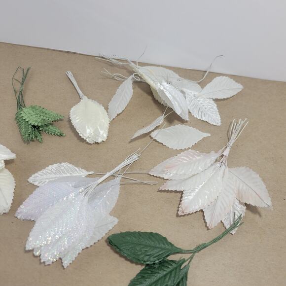 Vintage Mixed Artificial Floral Leaves Green & White Craft Lot - Picture 3 of 5